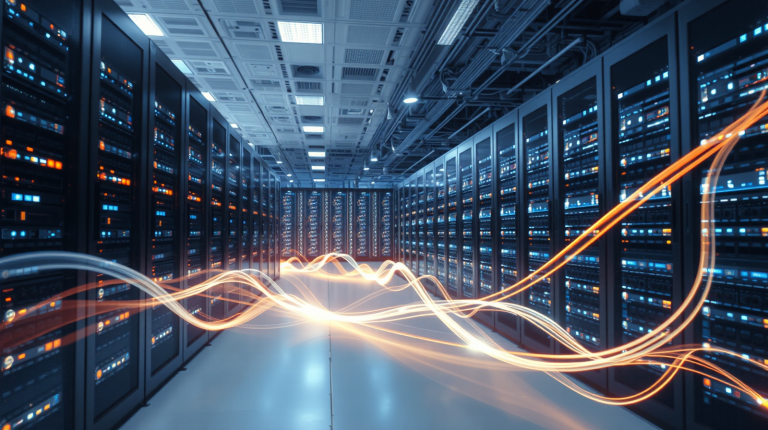 Data center moderno con server e cavi di fibra ottica illuminati, infrastrutture energetiche per l'IA