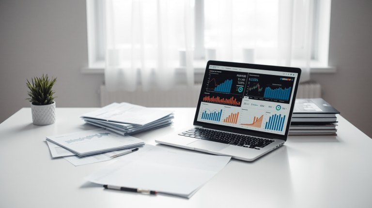 Documenti aziendali e dati operativi su scrivania con laptop, simbolo del valore informativo per l'intelligenza artificiale