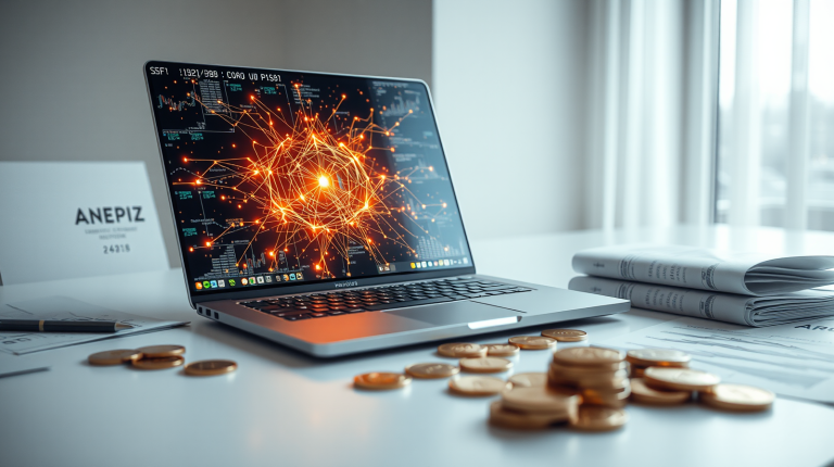 Interfaccia AI e grafici finanziari in crescita su una scrivania, simbolo della quotazione al Nasdaq