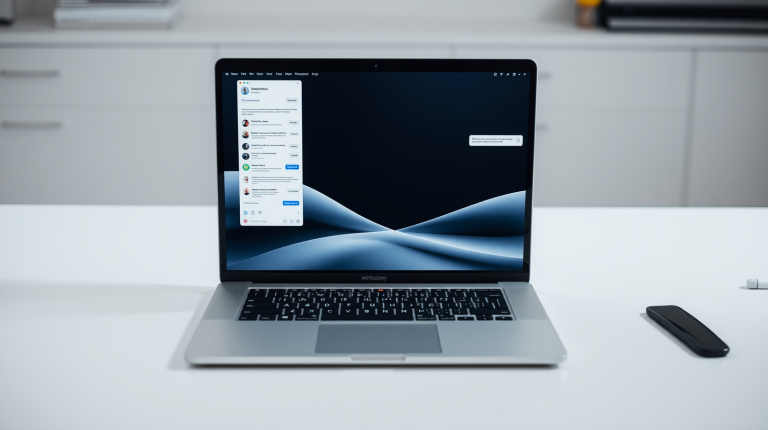 Interfaccia unificata di assistente AI su laptop che integra chat, documenti e presentazioni in un workspace moderno