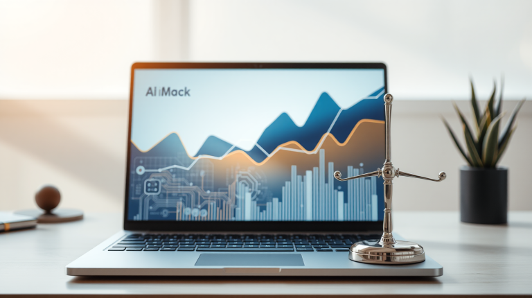Laptop moderno con grafici finanziari e elementi di circuiti AI in uno studio minimalista, simbolo della decisione di OpenAI sulla sicurezza dell'intelligenza artificiale