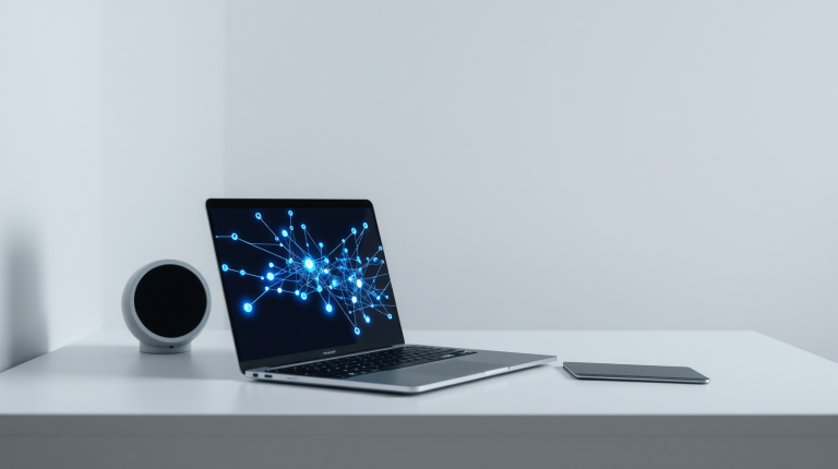Laptop moderno con visualizzazione astratta di reti neurali e controllo della sicurezza dell'intelligenza artificiale