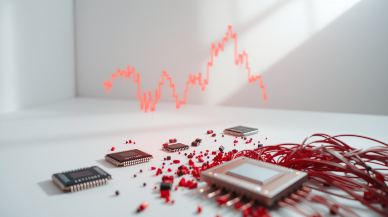 Mercati finanziari AI in calo con grafici ribassisti, trend in rosso e simboli tecnologici