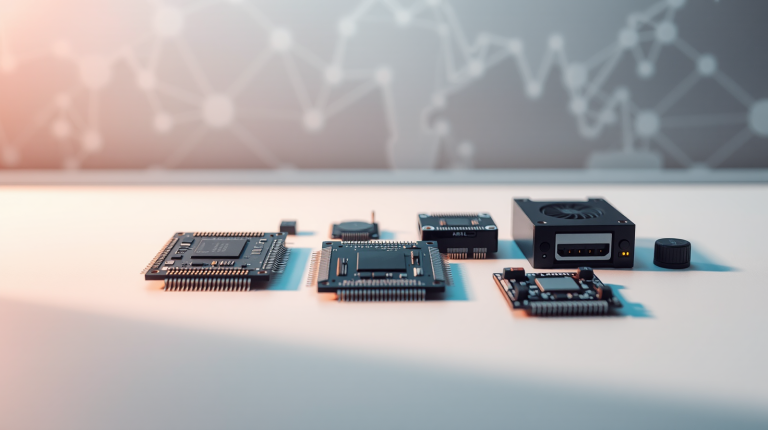 Microchip e server AI su scrivania minimalista, simbolo della governance internazionale dell'intelligenza artificiale