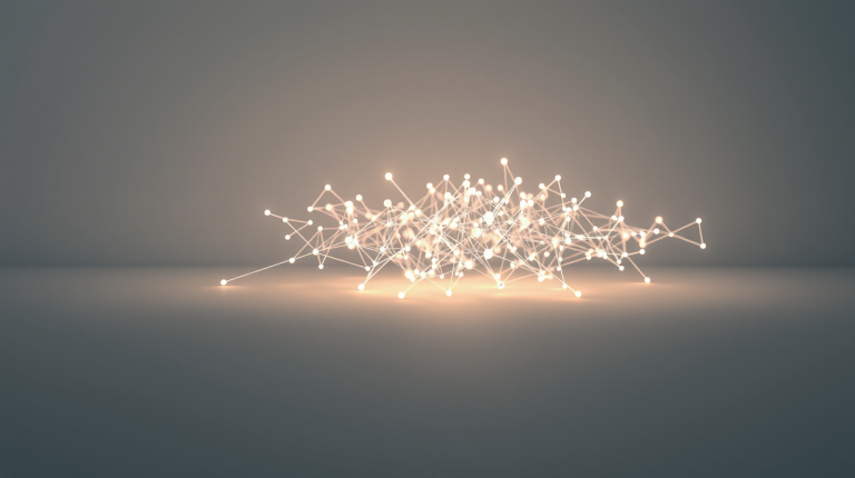 Rete neurale artificiale luminosa con nodi interconnessi, visualizzazione della complessità dell'intelligenza artificiale