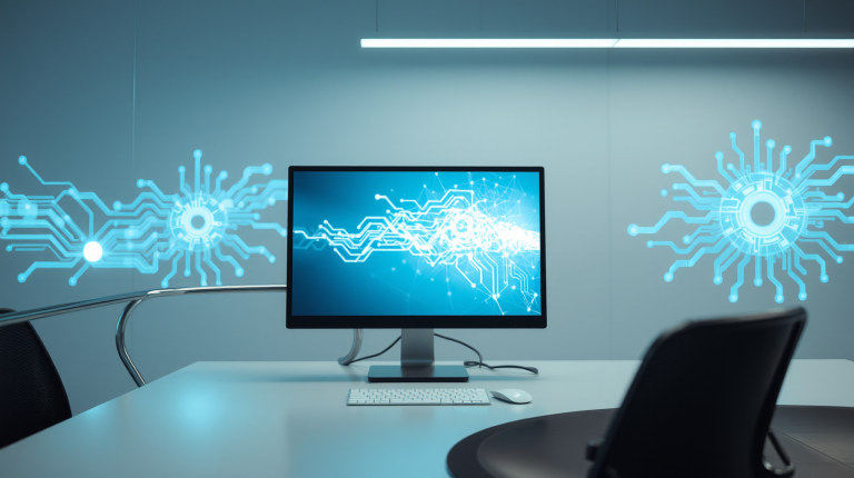Setup di ricerca AGI minimalista con monitor moderno e simboli di sicurezza digitale, ricerca sull'intelligenza artificiale generale