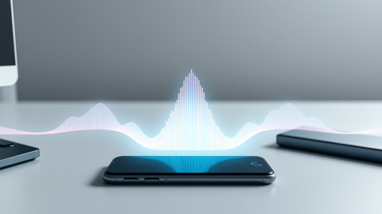 Smartphone e speaker intelligenti con onde sonore luminose, rappresentazione della competizione vocale AI
