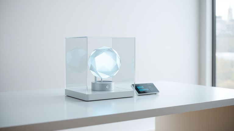 Agente AI come sfera luminosa sotto controllo in un ambiente sicuro, simbolo della sicurezza degli agenti AI