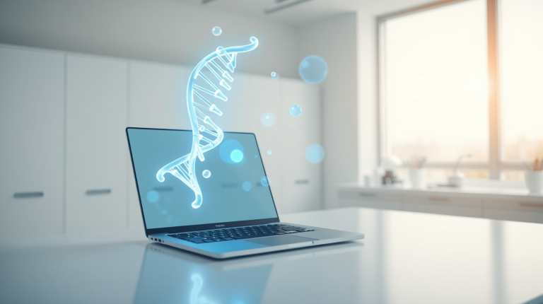 Doppia elica del DNA luminosa sopra un laptop in un laboratorio chiaro, intelligenza artificiale applicata al DNA