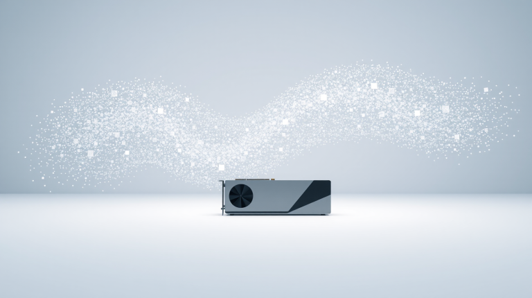 GPU su superficie minimalista con particelle luminose che si ordinano, simbolo di LLM a diffusione veloce