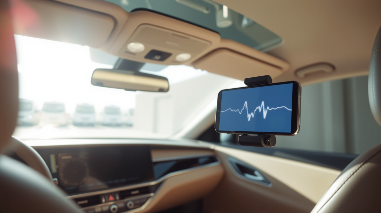 Interno di un'auto moderna con smartphone su supporto e assistente vocale con Personal Intelligence per Android Auto