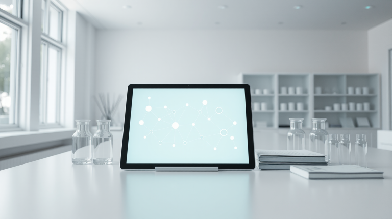 Laboratorio farmaceutico luminoso con tablet e flussi di lavoro collegati, simbolo dell'AI negli sviluppo farmaci