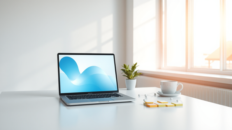 Laptop con interfaccia AI su una scrivania luminosa, strumenti di lavoro generalisti per l'intelligenza artificiale in ufficio