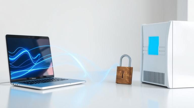 Laptop e lucchetto su una scrivania luminosa con flussi di dati, simbolo della sicurezza dei sistemi e degli agenti AI