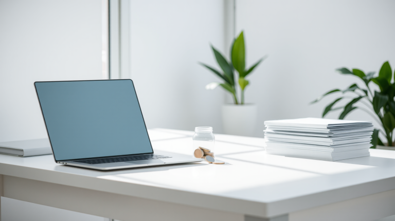 Laptop e scrivania minimalista con monete e fogli, simbolo del costo per token dei modelli AI API