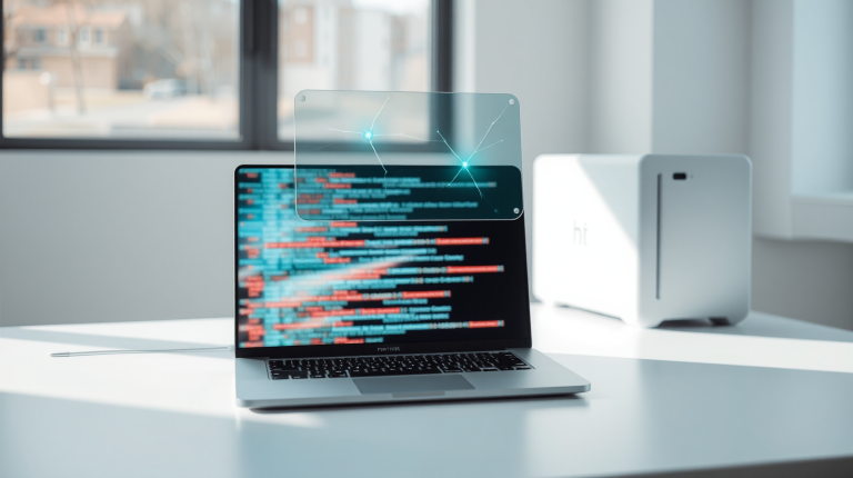 Laptop e scudo di sicurezza con crepe su una scrivania luminosa, simbolo delle vulnerabilità PHP scoperte con l'AI