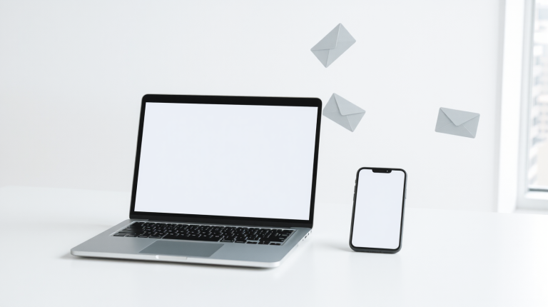 Laptop e smartphone su una scrivania luminosa con un modulo digitale, simbolo dell'autofill AI di Chrome e Gmail