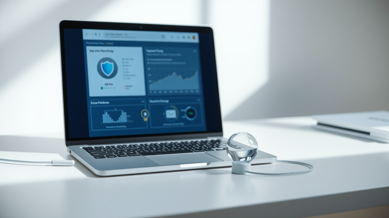 Laptop su scrivania bianca con dashboard di monitoraggio e scudo luminoso, simbolo della sorveglianza sugli agenti AI
