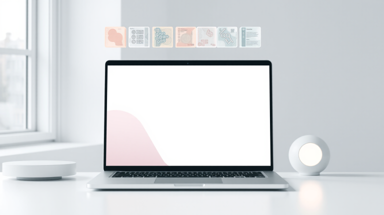 Laptop su scrivania bianca con link di condivisione in vetro traslucido, simbolo della privacy nei chatbot AI