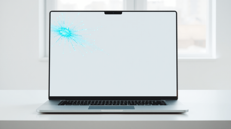Laptop su scrivania luminosa con flusso di luce astratto: simbolo del coding AI locale open-weight
