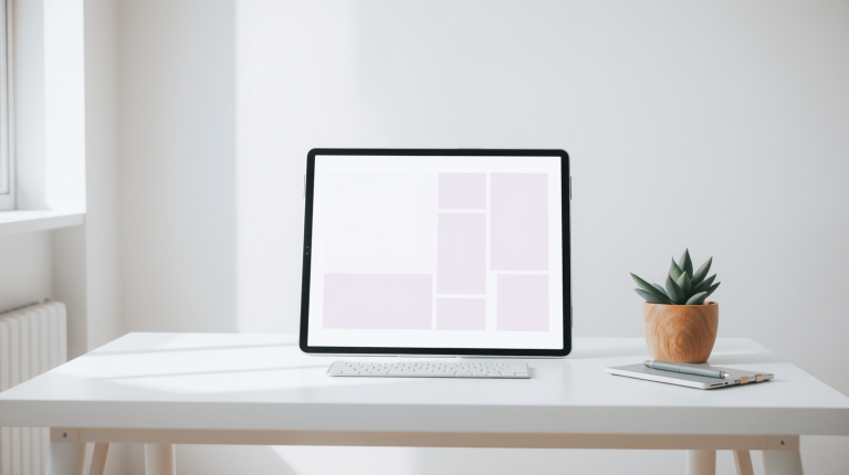 Layout di design generato dall'intelligenza artificiale su tablet, con strumenti creativi su una scrivania luminosa