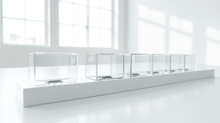 Micro-VM isolate in fila su una superficie bianca, un cubo di vetro per ciascun agente AI