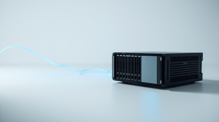 Modulo hardware per l'inferenza AI su superficie bianca minimalista, simbolo del framework open source DeepInfer