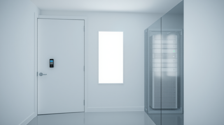 Porta di vetro con lettore di sicurezza in uno spazio luminoso, simbolo dell'accesso riservato ai difensori di cybersicurezza