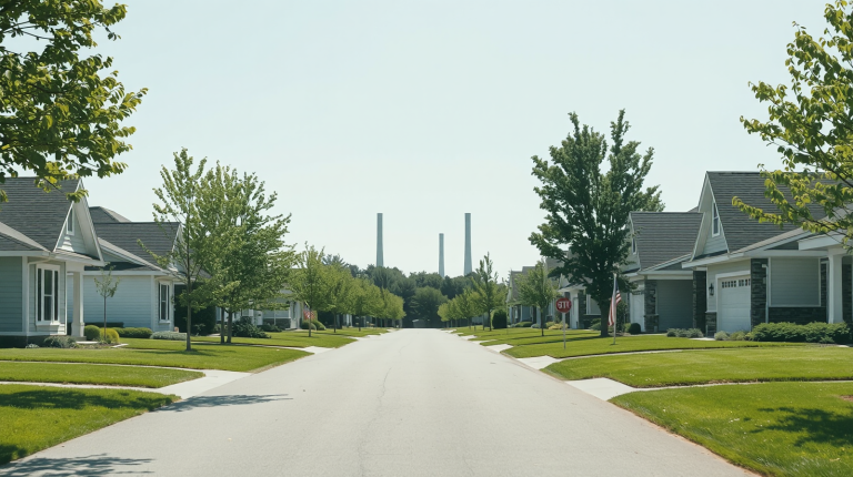Quartiere residenziale con case moderne e ciminiere in lontananza, vicino al data center di Southaven nel Mississippi