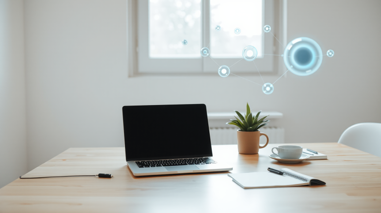 Scrivania luminosa con laptop e icone connesse di agenti AI, lavoro e intelligenza artificiale