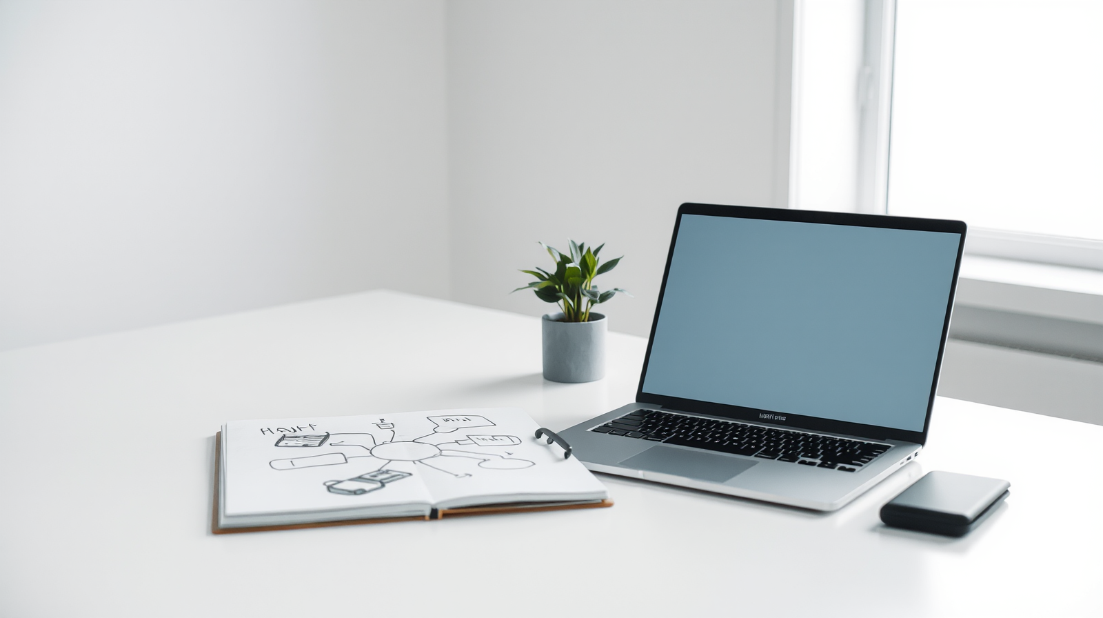 Scrivania luminosa con laptop e schizzi di flussi di lavoro, simbolo della selezione tecnica senza colloqui di coding