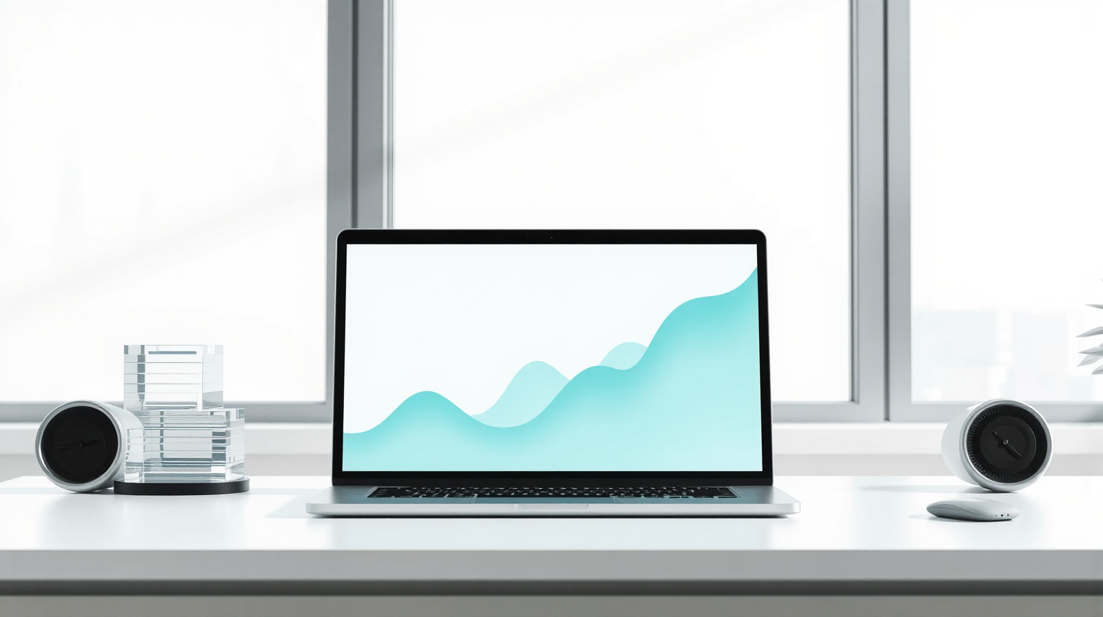 Scrivania minimalista con laptop e grafico in crescita, simbolo della quotazione in Borsa dell'intelligenza artificiale