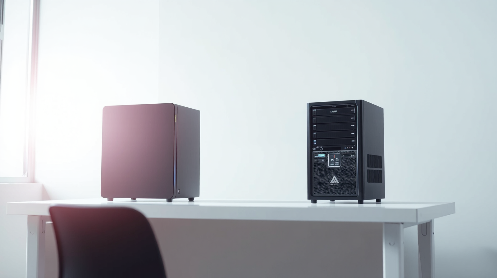 Server moderni su una scrivania bianca e luminosa, simbolo dei modelli AI open-weight installabili in locale