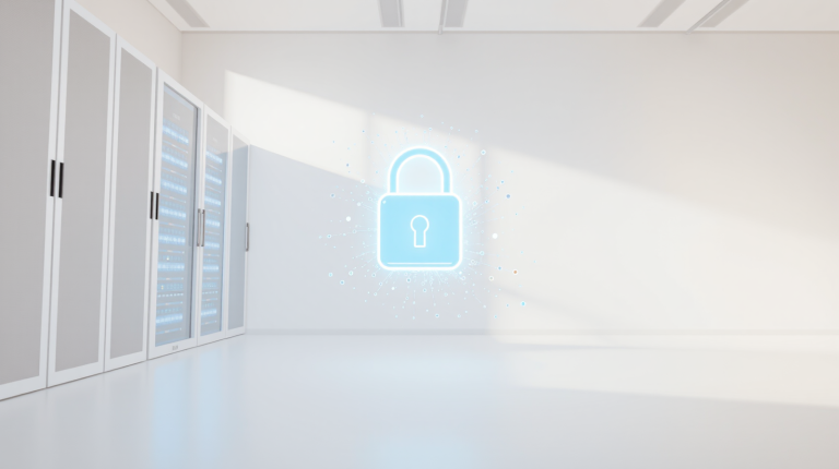 Server moderno illuminato con icona di lucchetto aperto, simbolo degli attacchi exploit su PHP e della falla PHP2Shell