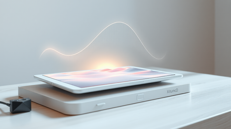 Tablet su scrivania luminosa con un paesaggio 3D simulato e onde sonore luminose, esempio di simulazione di mondi interattivi