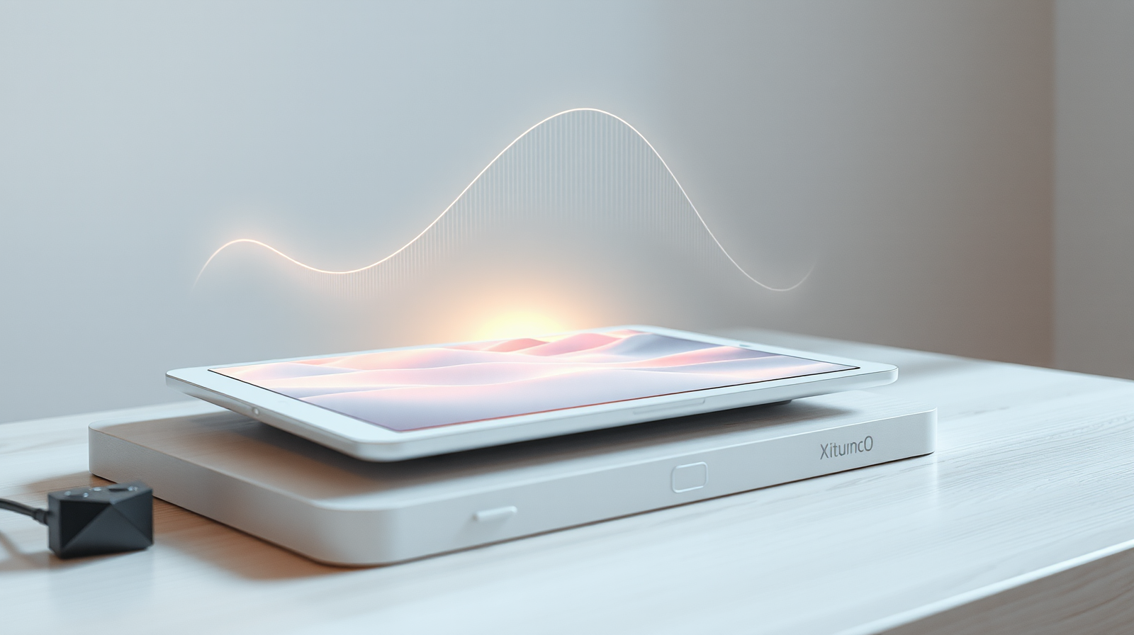 Tablet su scrivania luminosa con un paesaggio 3D simulato e onde sonore luminose, esempio di simulazione di mondi interattivi