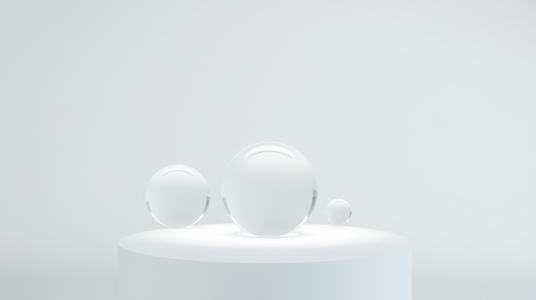Tre sfere di vetro luminose su una piattaforma bianca, simbolo dei modelli AI disponibili nel cloud